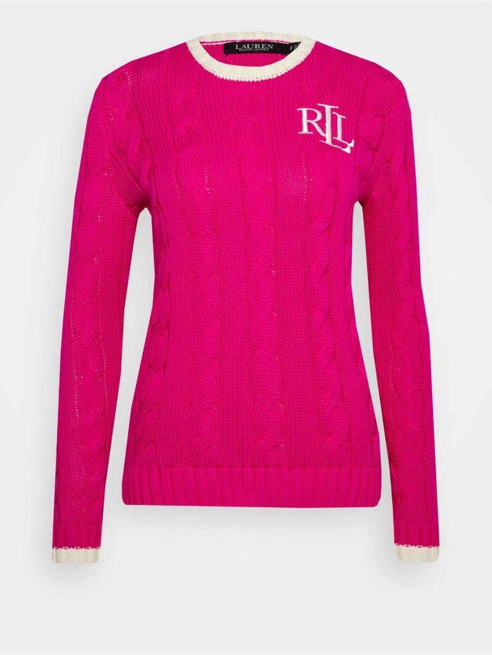 Ralph Lauren Cable-Knit Crewneck Sweater in Hot Pink with Cream Trim